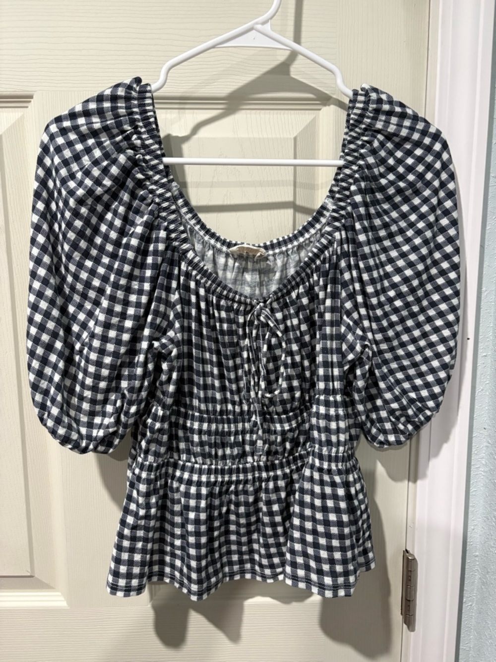 Nation LTD Black and White Gingham Puff-Sleeve Peplum Blouse